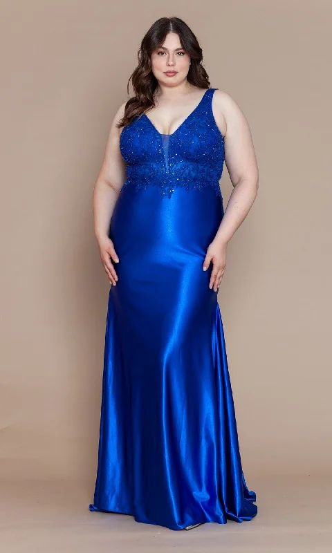 satin prom dressesEmbroidered-Bodice Plus-Size Long Prom Dress W1160