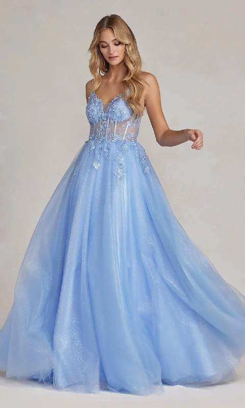 modern prom dressesSheer-Bodice Long Blue Prom Ball Gown