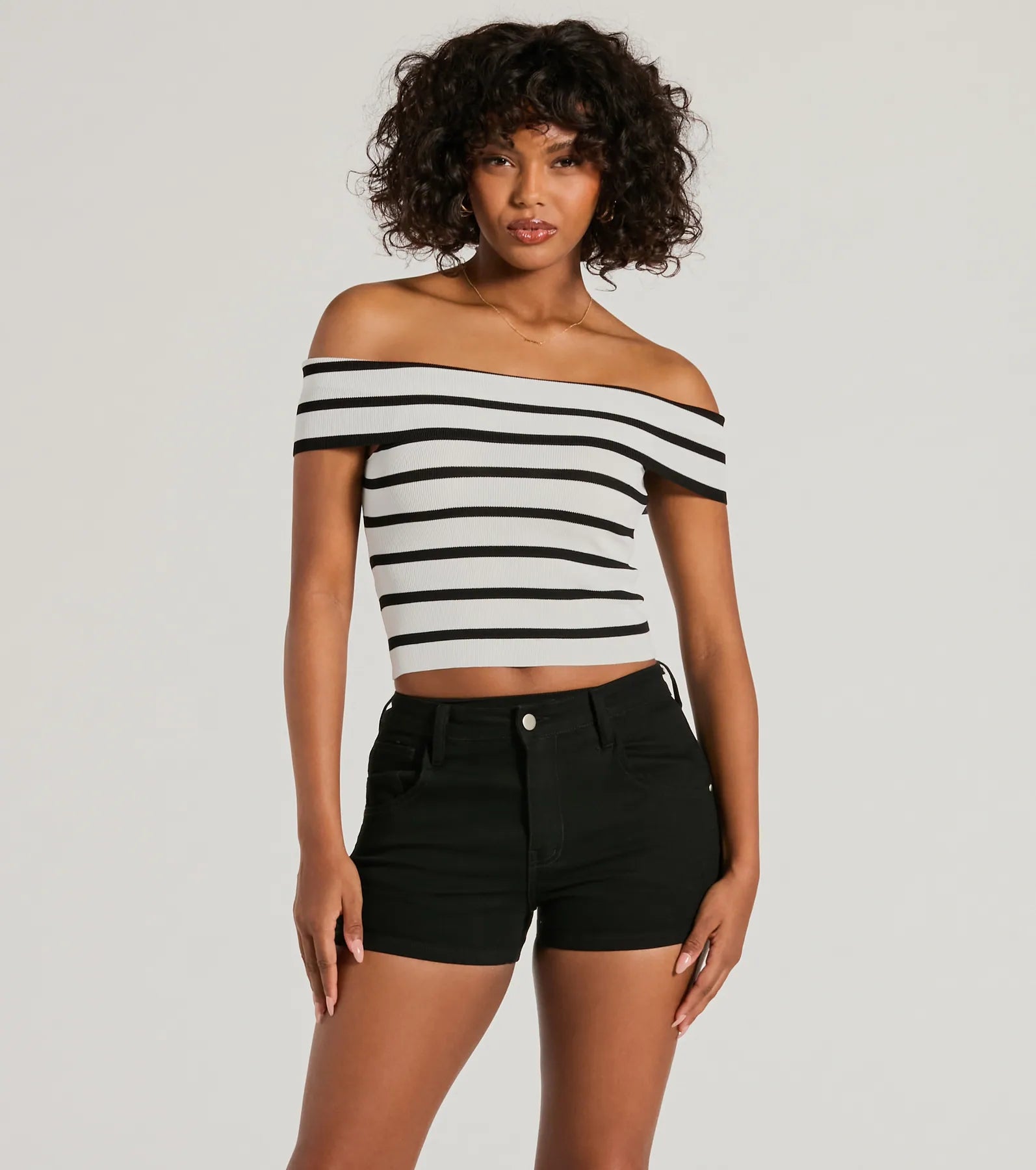 women's tops with beading accentsJust Your Stripe Off-The-Shoulder Crop Top