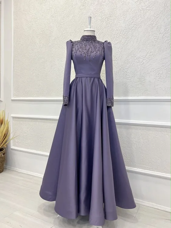 mid-length prom dressesModest Purple A-line Long Sleeves Prom Dress,Muslim Dress  Y7207