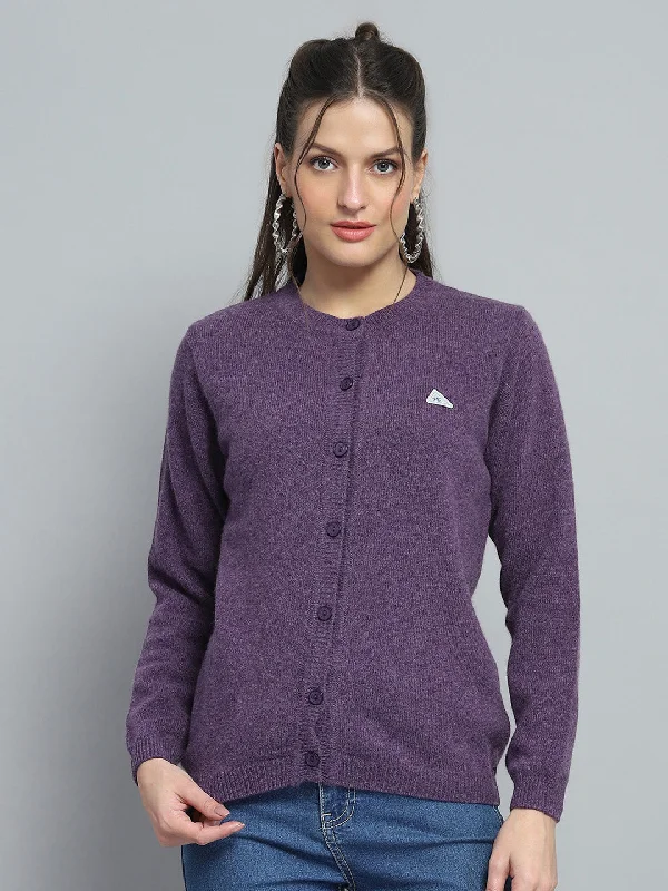 Affordable Women's SweatersWomen Purple Solid Round Neck Full Sleeve Cardigan