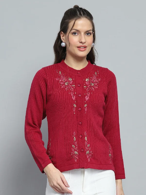 Crewneck Designer Fair Isle SweatersWomen Maroon Self Design Round Neck Full Sleeve Cardigan