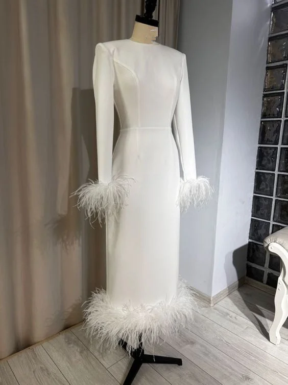 prom dress cleaningWhite Sheath Long Sleeves Prom Dress With Hem Feathers Y6879