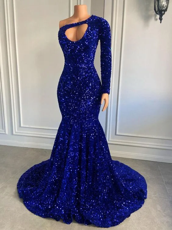 prom dress fitting adviceSparkly One Shoulder Royal Blue Sequin Mermaid Style Prom Dress Y6874