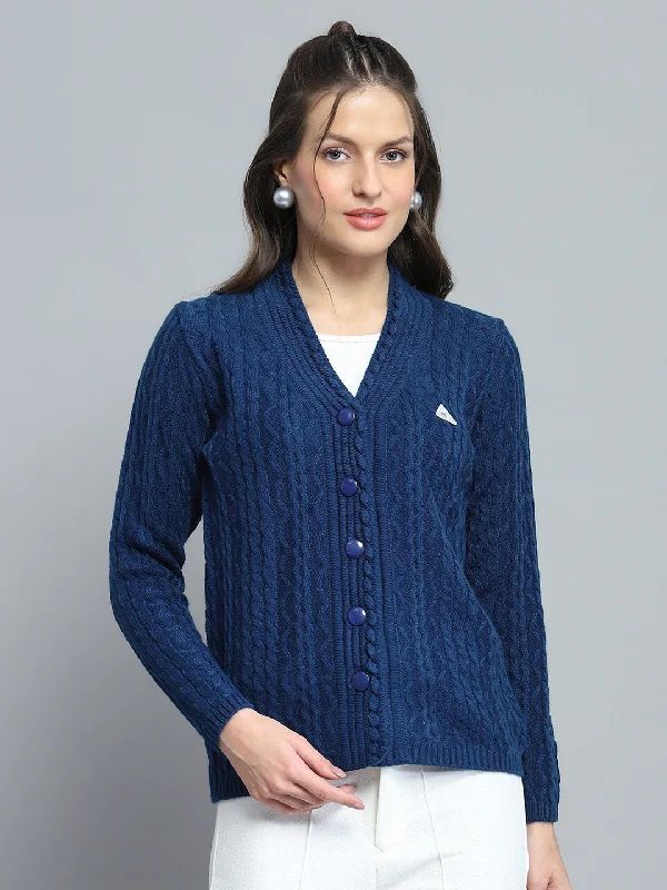 Cozy SweatersWomen Blue Self Design V Neck Full Sleeve Cardigan