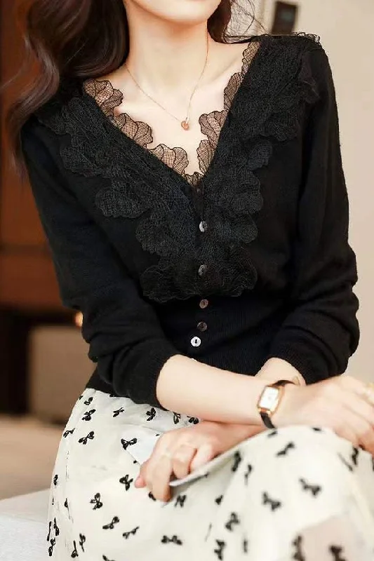 Flannel Patterned Cashmere SweatersV-Neck Embroidered Lace Decor Knit Cardigan - 3 Colors Available