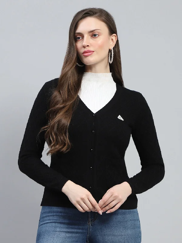 Colorful Casual SweatersWomen Black Self Design V Neck Full Sleeve Cardigan