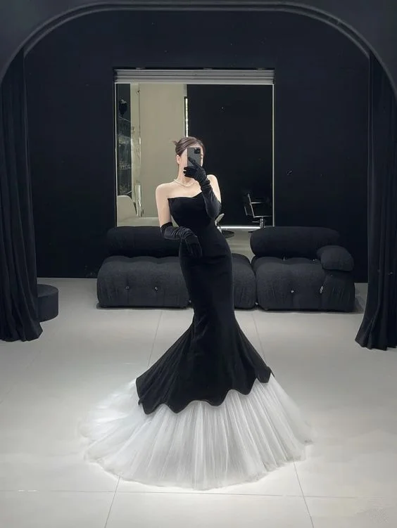 flutter sleeve prom dressesBlack Strapless Velvet Mermaid Prom Dress, Elegant Sleeveless Formal Gown Y7136