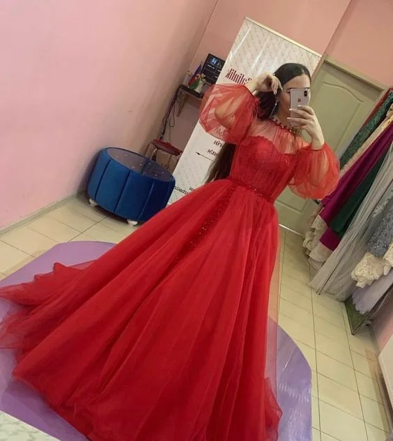 floral prom dressesElegant Red A-line Tulle Prom Dress,Red Formal Dress Y7194