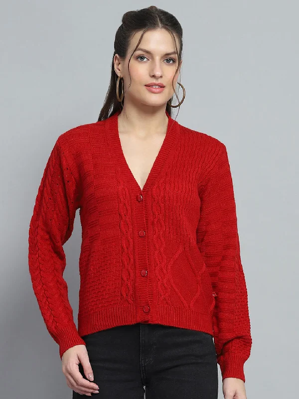 Extra-Large Flannel-Lined SweatersWomen Red Self Design V Neck Full Sleeve Cardigan