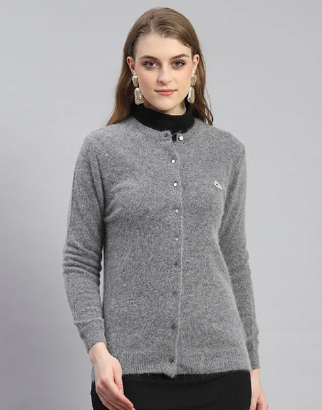 Women's SweatersWomen Grey Solid Round Neck Full Sleeve Cardigan