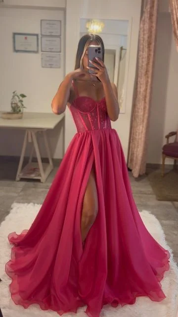 modern prom dressesHot Pink A Line Lace Bodice Side Slit Prom Dress Evening Gowns Y6808