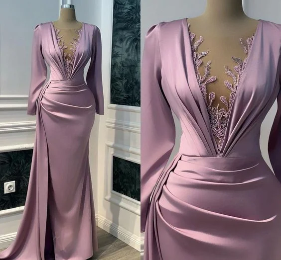 mermaid prom dressesVintage Prom Dress Long Sleeve Illusion V-neck Mermaid Evening Dress Floor Length Y6647