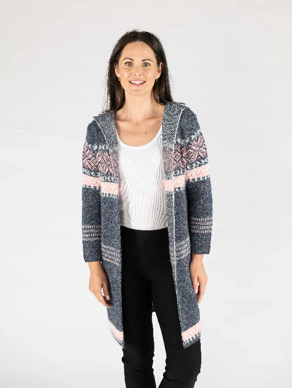 Luxurious Chunky SweatersPattern edge to edge cardigan with hood Navy/Pink