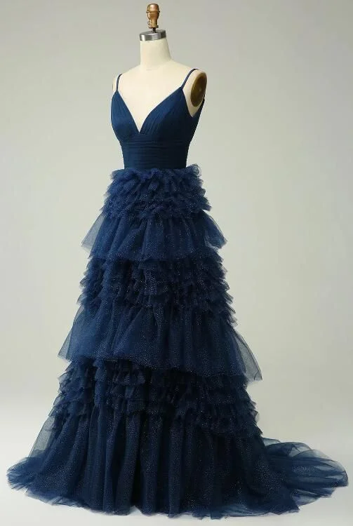 prom dresses for pear shapesA Line Spaghetti Straps Navy Long Prom Dress With Ruffles Y6766