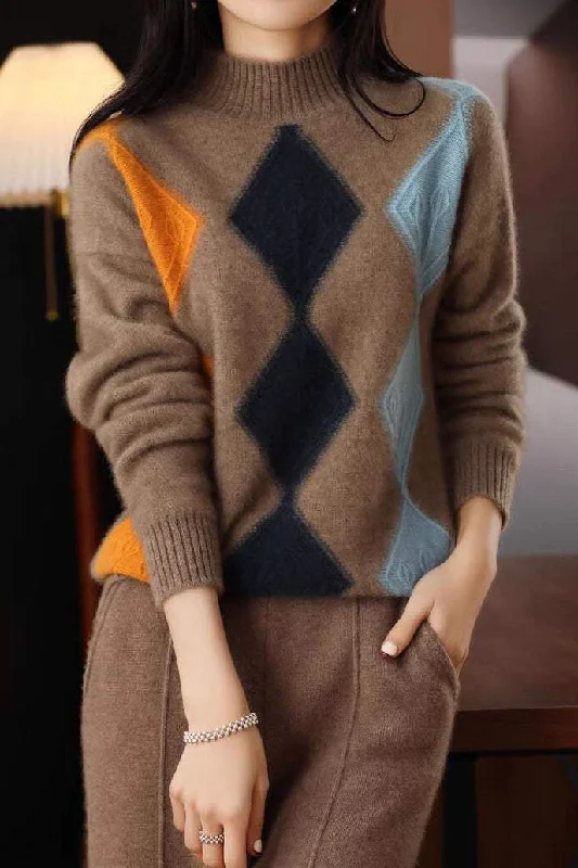 Funky Hooded SweatersArgyle Color-Block Knit Sweater