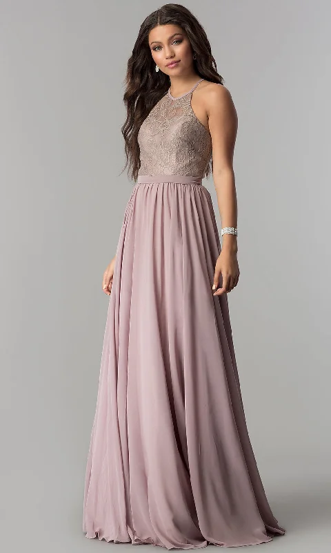 tulle prom dressesHigh-Neck Lace-Bodice Long Chiffon Prom Dress