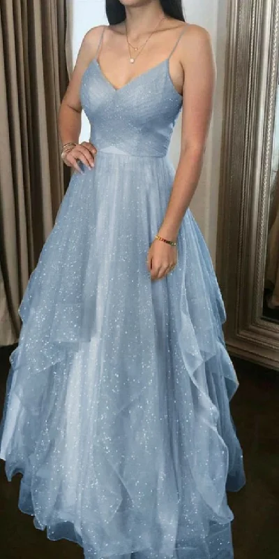 beaded prom dressesElegant Blue Spaghetti Straps V-neck Tulle Long Prom Dresses Y6806