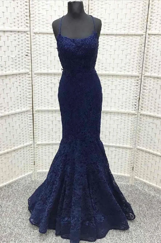 prom dresses with sequin detailingNavy Blue Lace Embroidered Lace-Up Trumpet Long Prom Dress Y6765