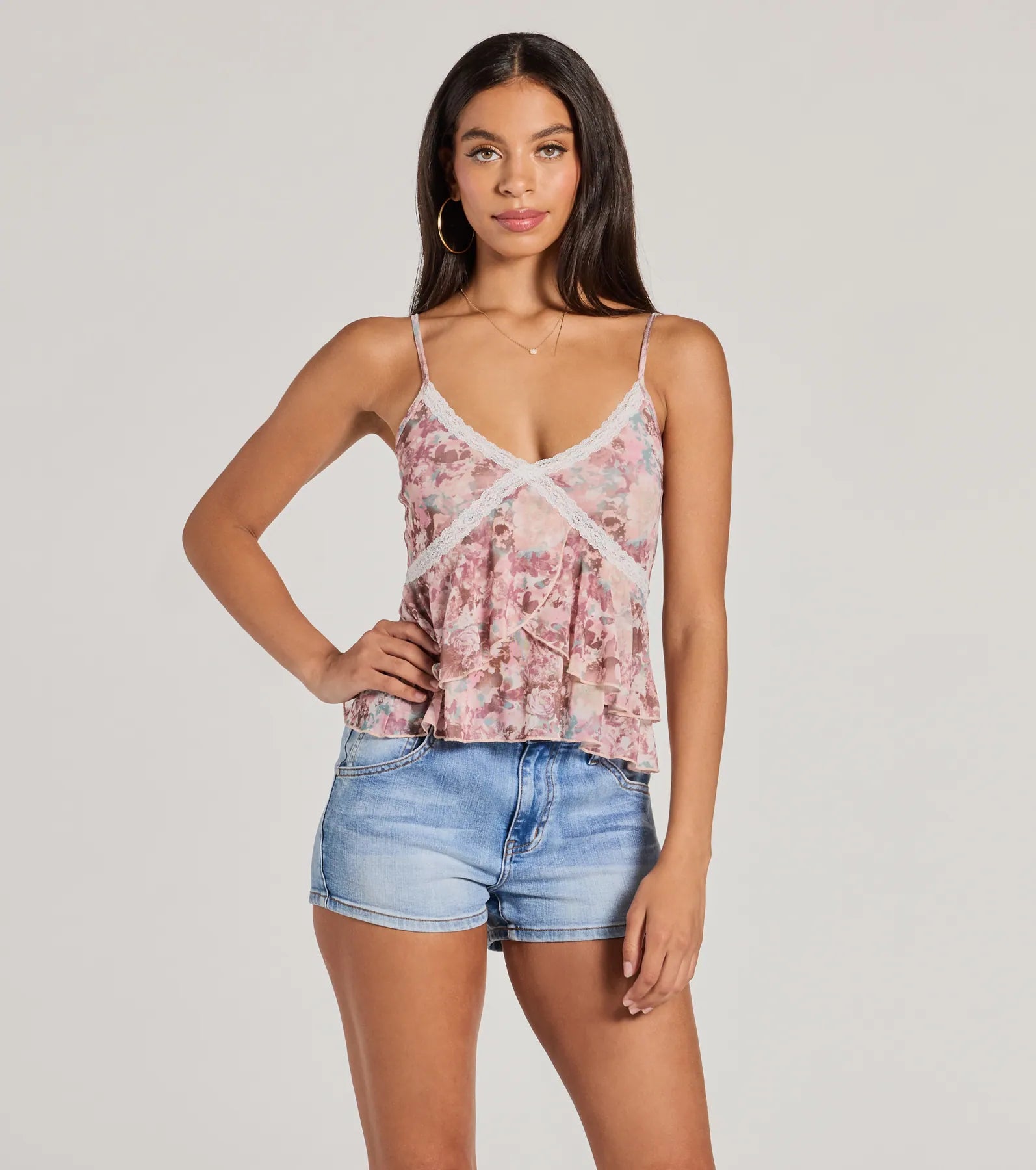 spaghetti strap women's topsCrushin' On You Lace Trim Babydoll Floral Crop Top