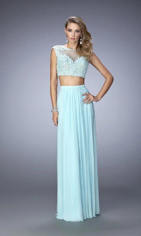 prom dress shopping tipsLa Femme Two-Piece Lace-Top Jersey Prom Dress 22110