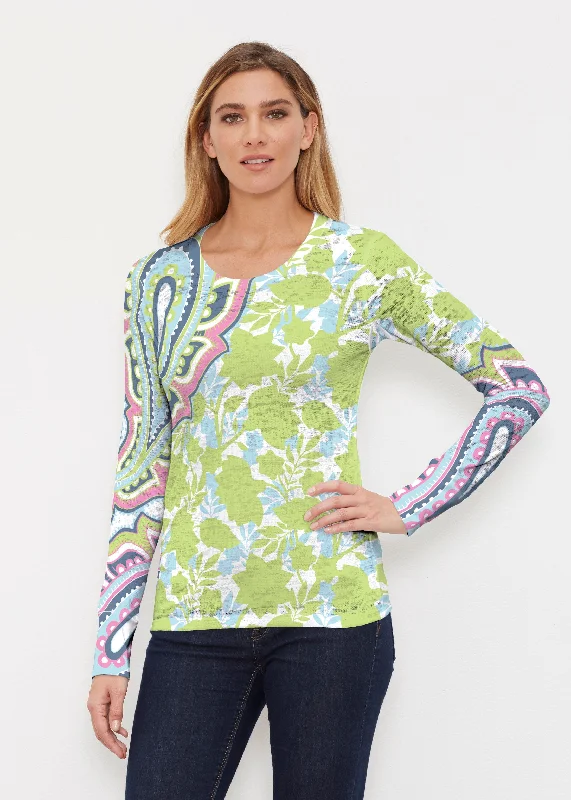 women's tops with floral printsHarbor Paisley Lime (13433) ~ Thermal Long Sleeve Crew Shirt