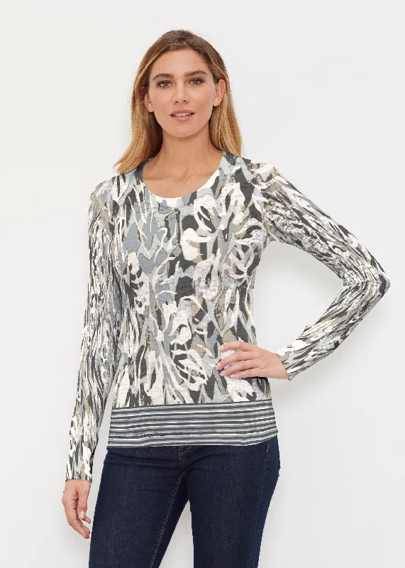 women's tops for those who want to create outfits that reflect their personal style and sense of fashionMystic Floral Stripe Grey (19170) ~ Thermal Long Sleeve Crew Shirt