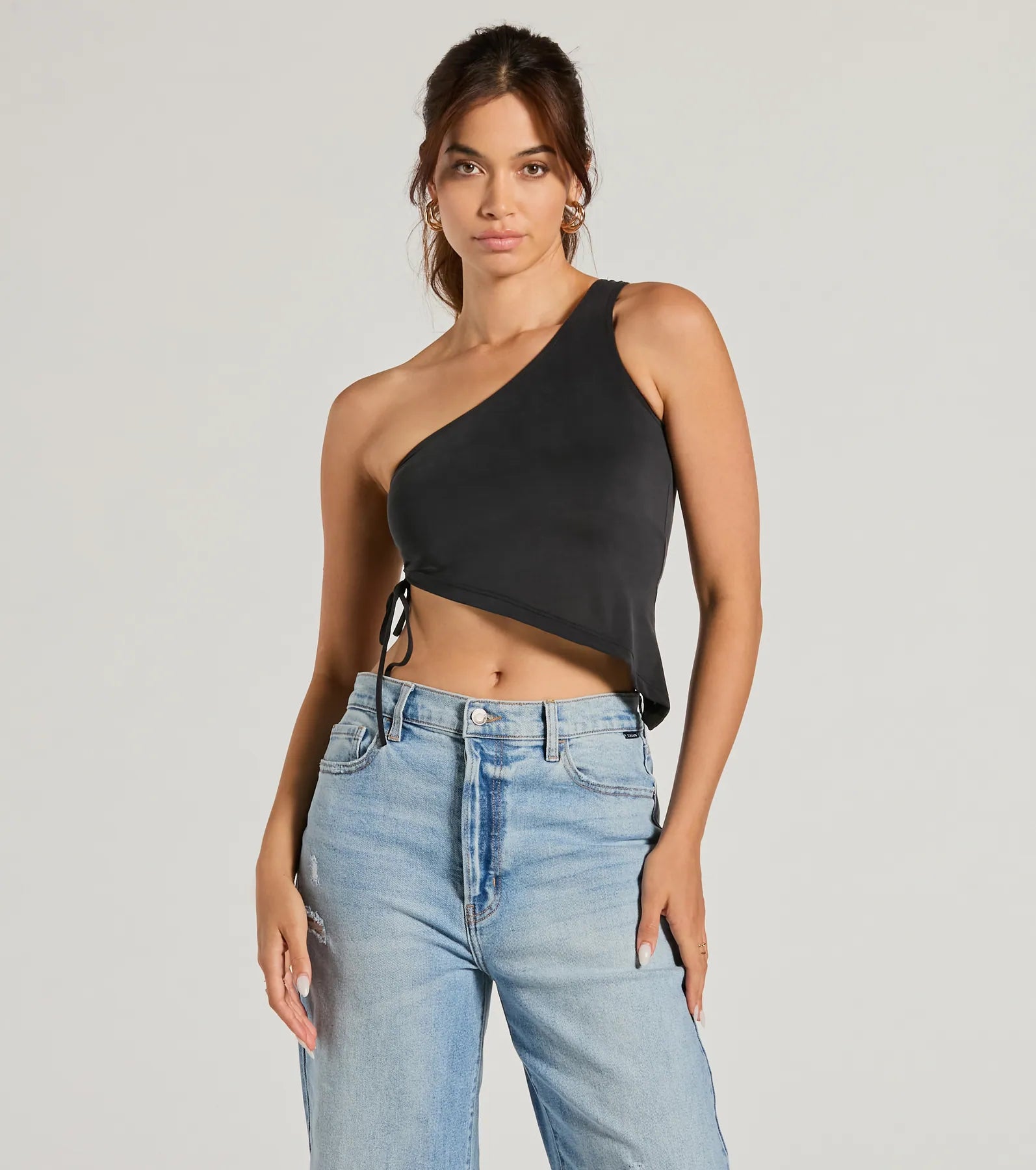 women's tops with cold-shoulder cutsMentionable Flirt One-Shoulder Asymmetrical Crop Top