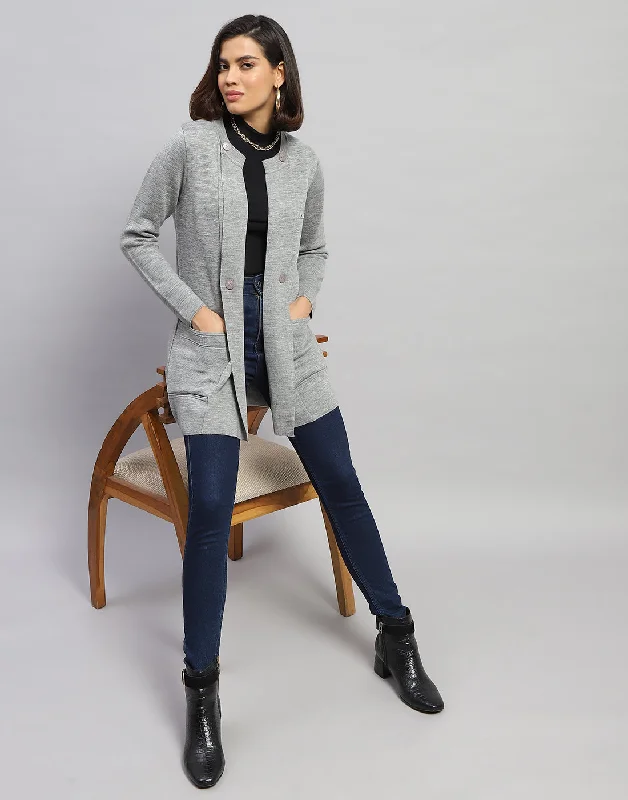 Funky SweatersWomen Grey Self Design Round Neck Full Sleeve Cardigan