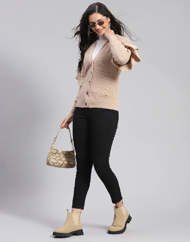 Trendy SweatersWomen Beige Solid V Neck Full Sleeve Cardigan