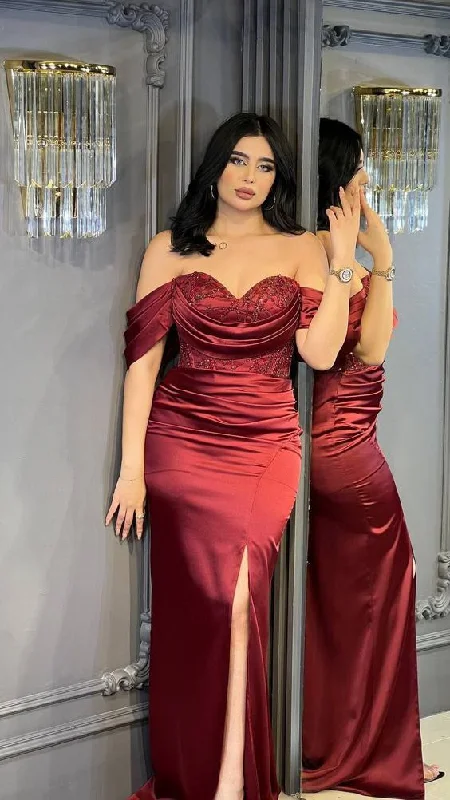 affordable prom dressesOff Shoulder Burgundy High Slit Long Evening Dress,Custom Mermaid Prom Dress Y6006