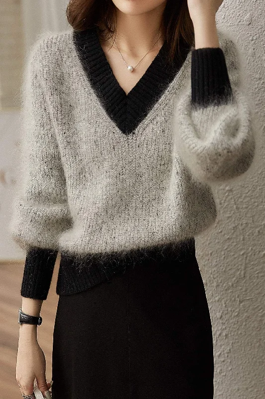 Extra-Large SweatersV-Neck Faux Mohair Two-tone Knit Sweater