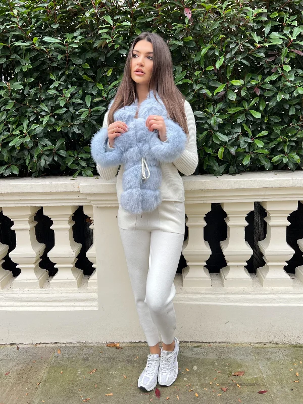 Fashionable Funky Hooded Cashmere SweatersCream And Baby Blue Premium Faux Fur Trimmed Cardigan