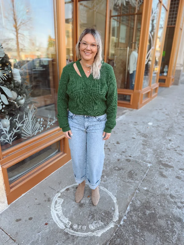 Quick-Dry SweatersForest Green V Neck Sweater-Final Sale