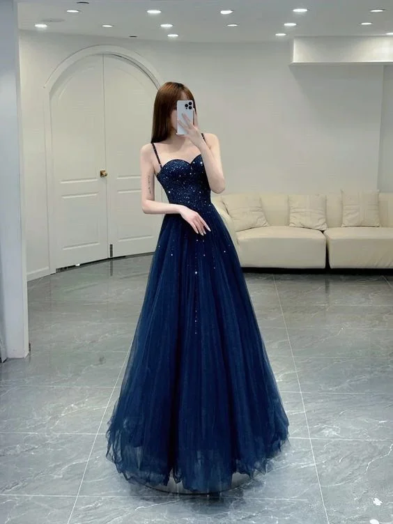 empire waist prom dressesElegant A line Straps Tulle Navy Blue Prom Dresses Formal Evening Dress Y6776