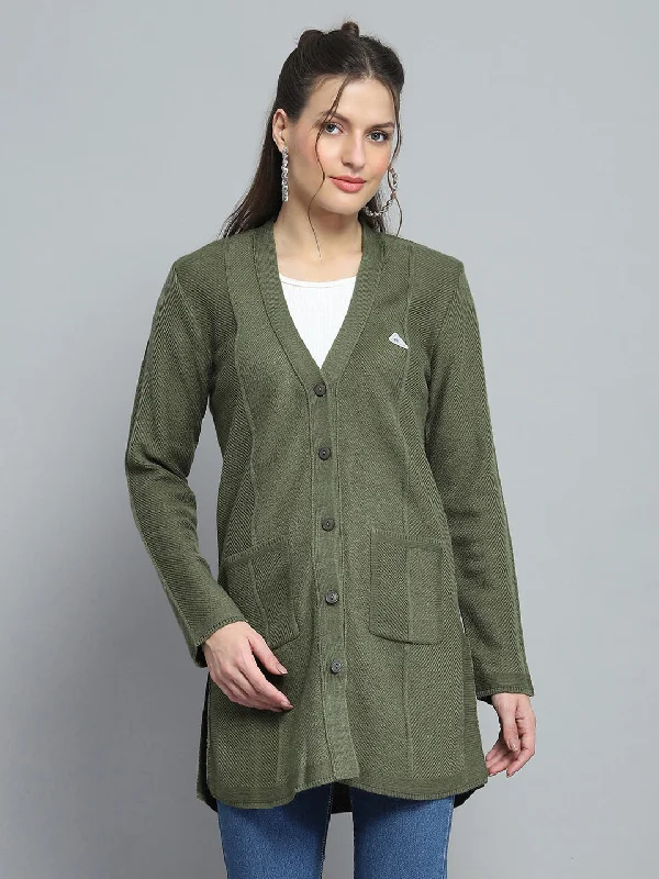 Cashmere SweatersWomen Green Self Design V Neck Full Sleeve Cardigan