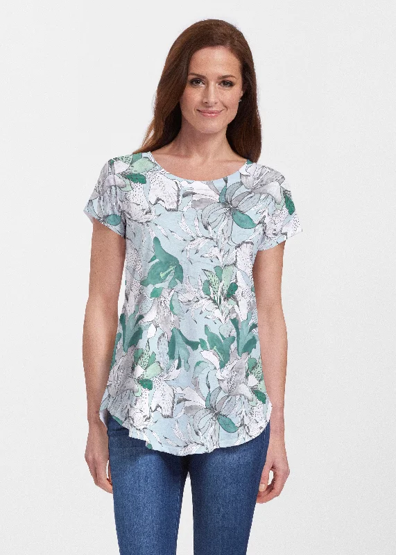 women's tops for statement-making outfitsPen and Ink Lily Seafoam (7621) ~ Signature Short Sleeve Scoop Neck Flowy Tunic