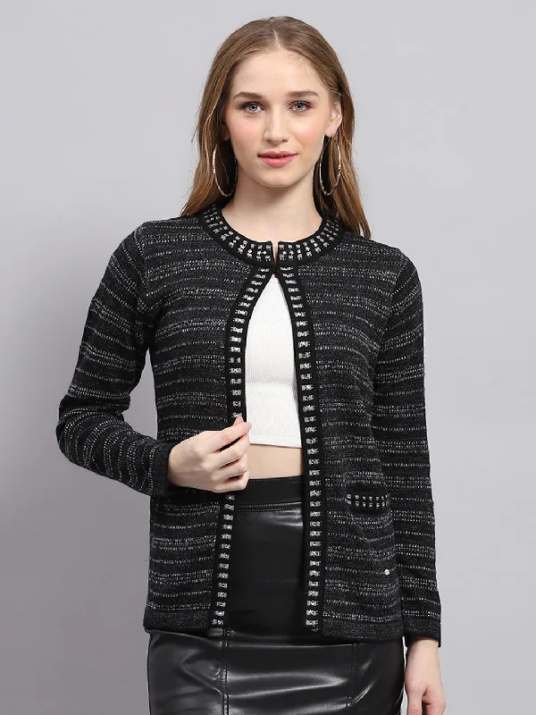 Quick-Dry Wool SweatersWomen Black Self Design Round Neck Full Sleeve Cardigan