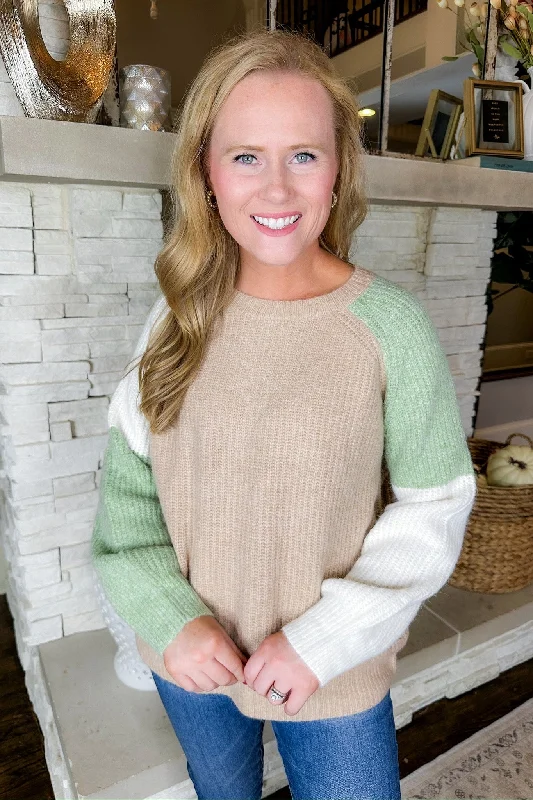 Funky SweatersSoft Knit Throw On & Go Taupe Mix Color Block Sweater