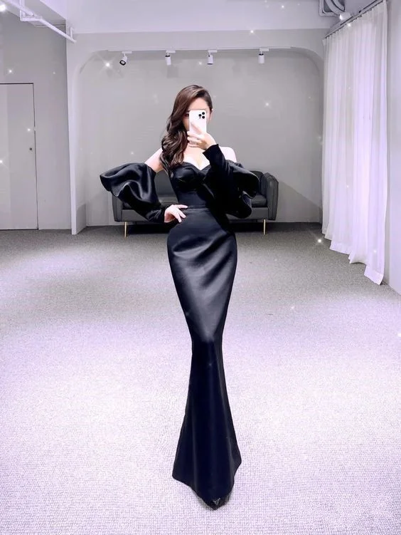 prom dresses for summerSimple Mermaid Black Prom Dress Satin Long Evening Dress Y6416