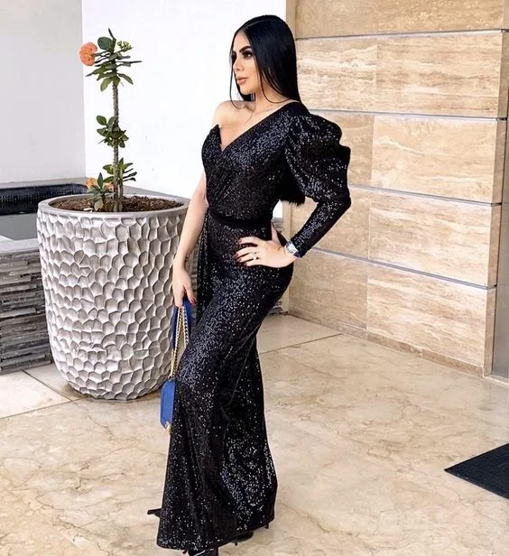 tulle prom dressesBlack Sequins One Sleeve Mermaid Prom Dress,Black Evening Dress Y5880