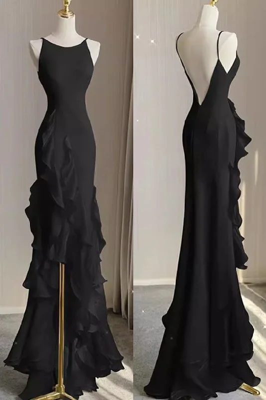 prom dress inspiration galleriesSimple Mermaid Beach Black Evening Dress with Ruffles, Spaghetti Straps Backless Prom Gown Y5652