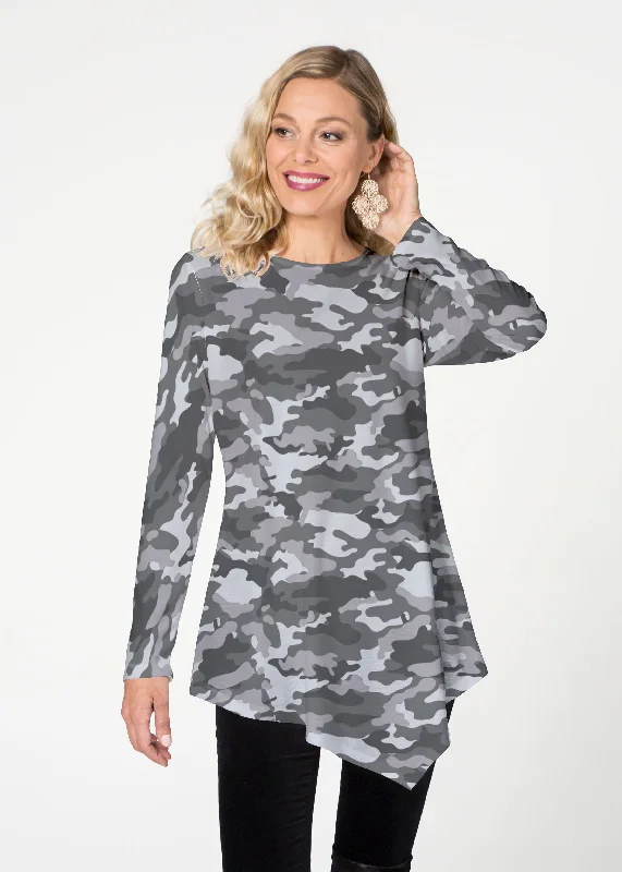 women's tops with asymmetrical designsCamo Grey (9245) ~ Asymmetrical French Terry Tunic