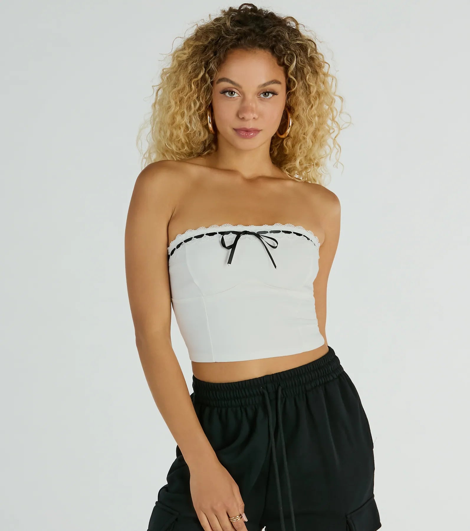 women's tops for those who want to elevate their everyday wear with chic and elegant piecesFalling For You Strapless Lace Ribbon Crop Top