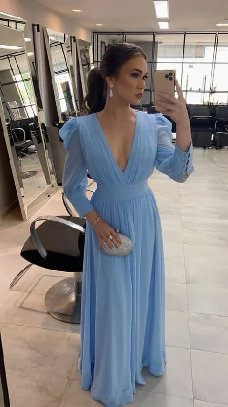 long prom dressesLight Blue Long Sleeve Chiffon Prom Dress Evening Dress Y5747