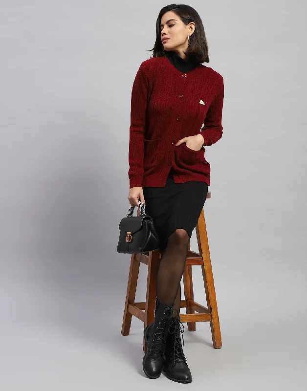 High-Neck SweatersWomen Maroon Self Design Round Neck Full Sleeve Cardigan