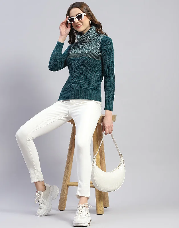 Turtle-Neck SweatersWomen Teal Blue Solid H Neck Full Sleeve Sweater