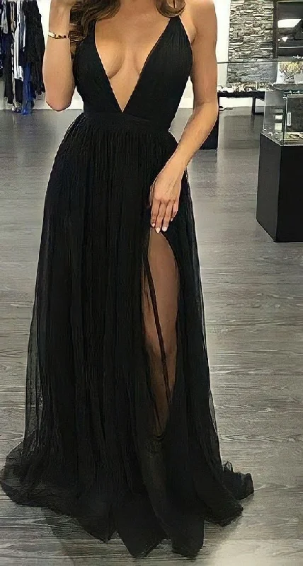 illusion sleeve prom dressesSexy Black V Neck Long Prom Dress,Black Formal Gown  Y7057