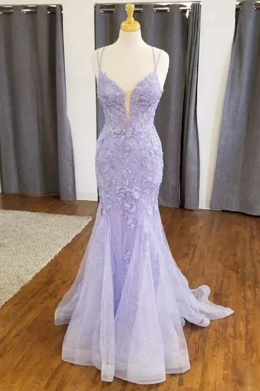 prom dresses for winterMermaid Lavender Floral Lace Straps Long Prom Dress Y6757