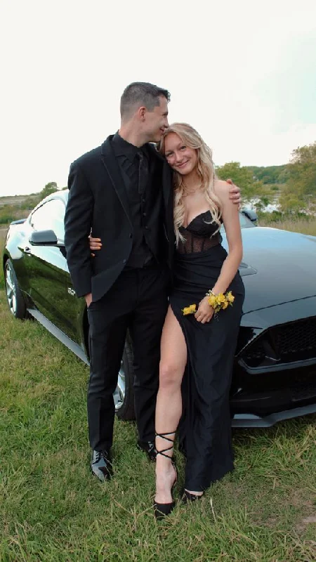 prom dresses with sheer overlaysElegant Black Sweetheart Prom Dress With Split  Y6690